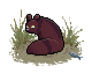 Pixel art of an elderly slugcat looking behind its shoulder. It is wine red with darker red stripes.